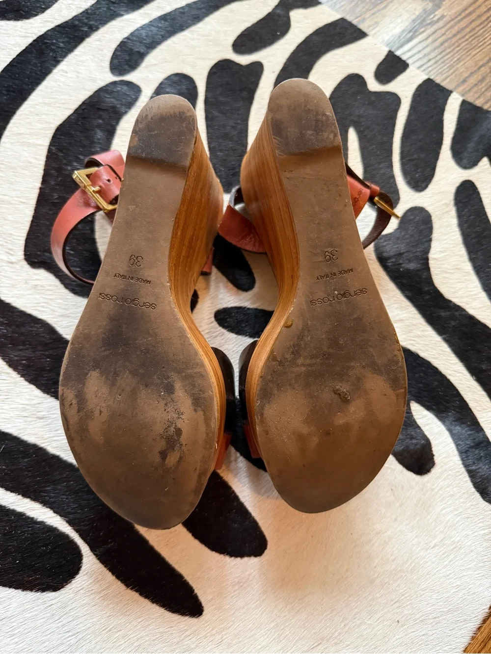 Sergio Rossi Brown and Rust Leather Platform Wedge Sandals